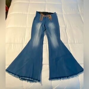 Judith March Blue Flare Jeans with Tan Accents